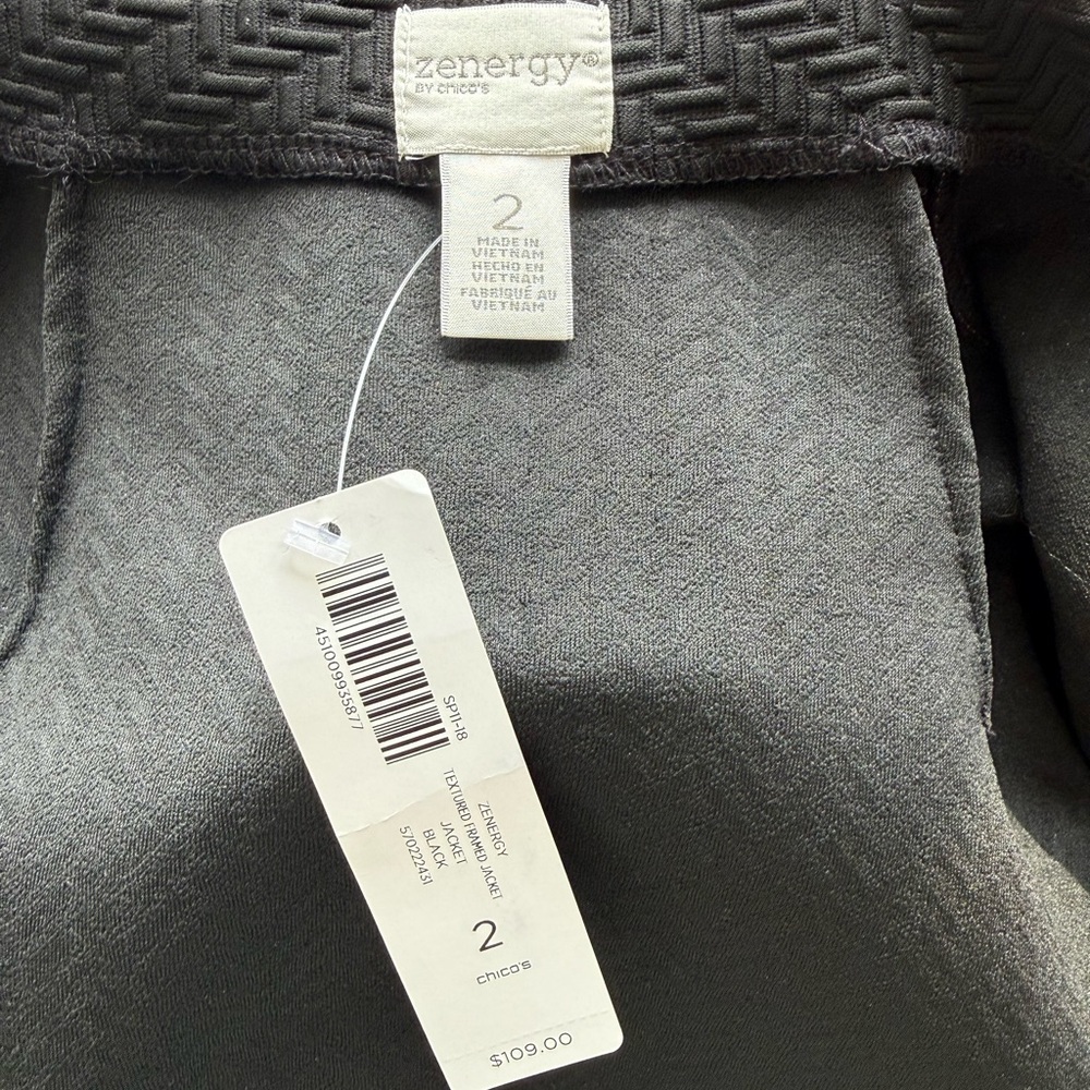 Zenergy by Chico’s Black Women's Open-Front Jacket with White Piping - Picture 4 of 5